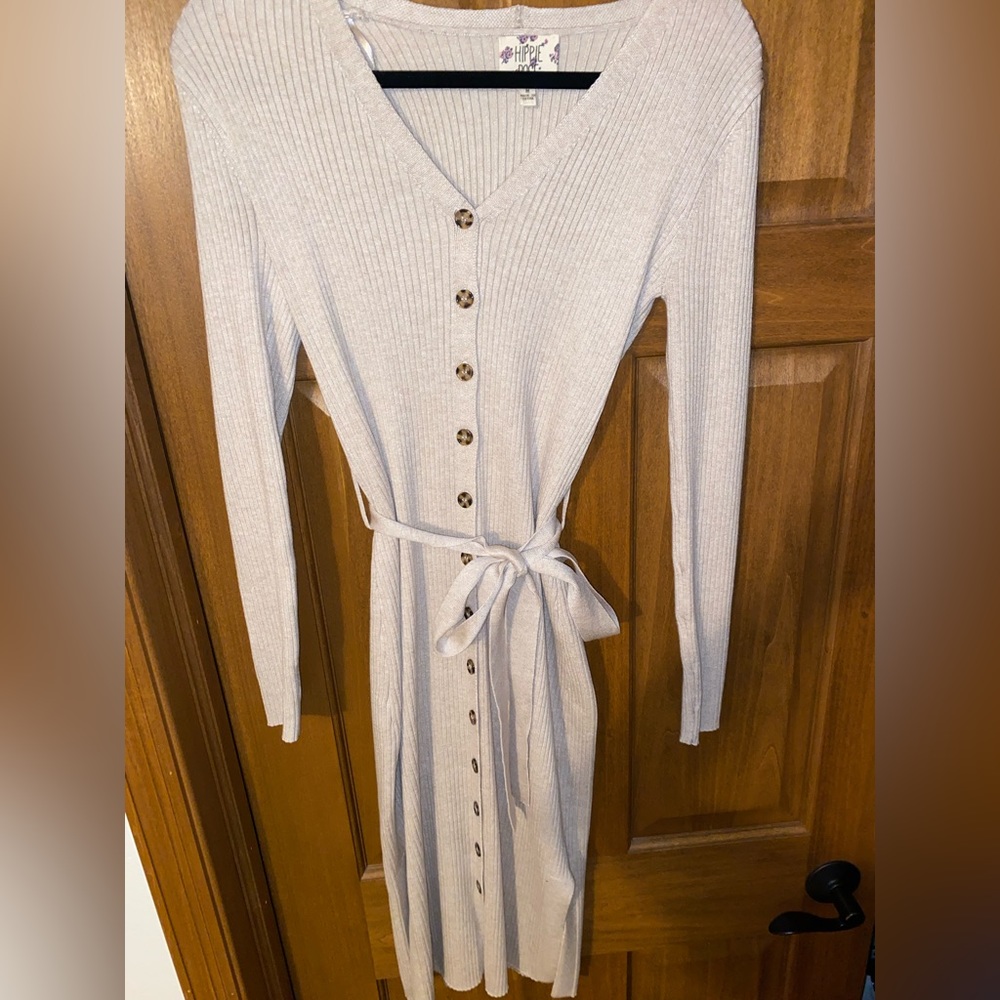 Taupe Button Down Sweater Dress with Tie Waist